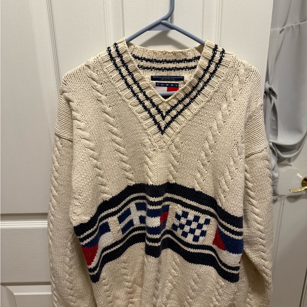 Tommy Hilfiger V-Neck Cream and Blue Sweater